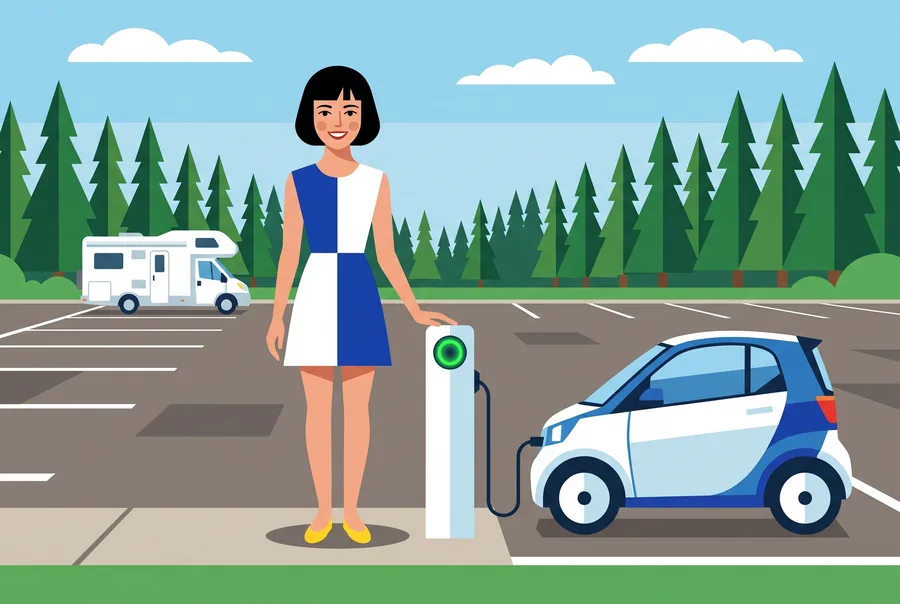 Woman by an electric car at a charging post