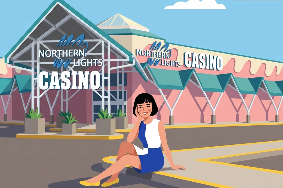 Woman on a parking curb outside Northern Lights Casino