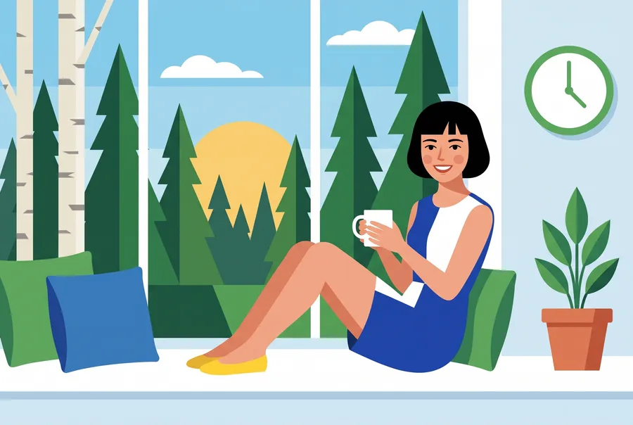 Woman with a coffee mug on a window seat