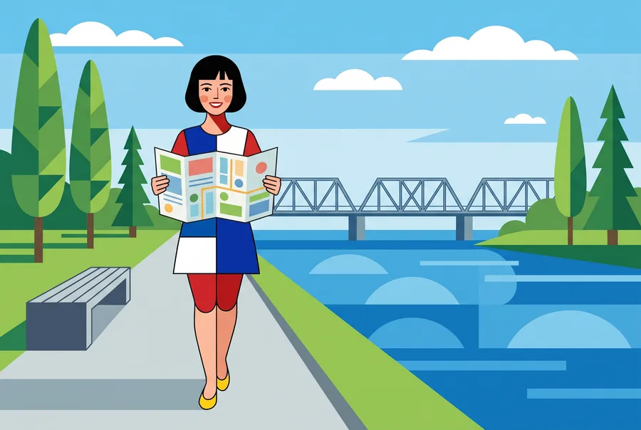 Woman with a map on a riverside trail